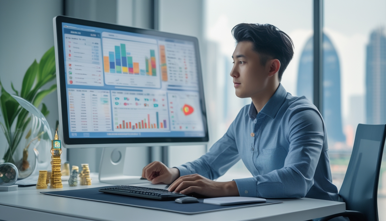 Seorang pria muda Asia duduk di meja kantor modern dengan layar komputer menampilkan grafik dan elemen terkait lotere, dengan latar belakang kota Macau terlihat melalui jendela.
