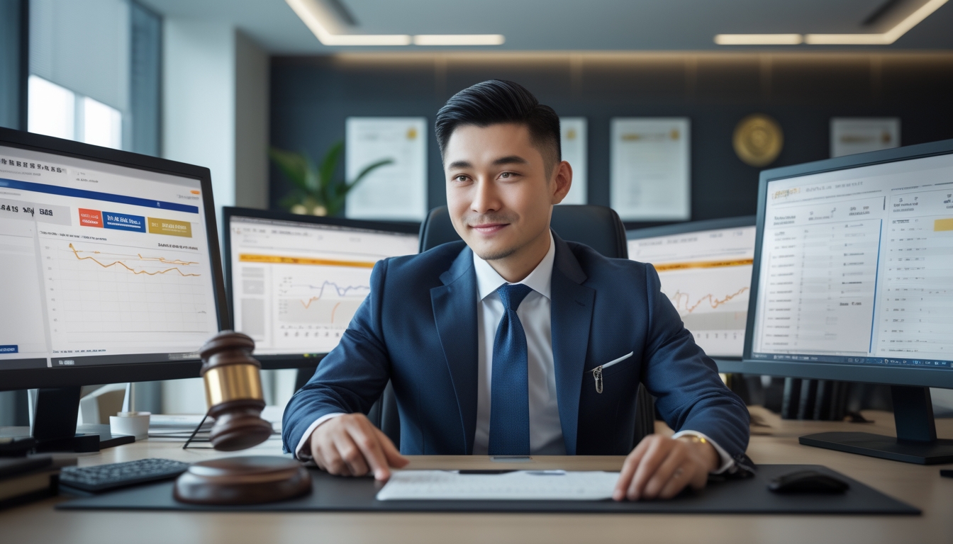 Seorang pria Asia Tenggara duduk di meja kantor modern sambil melihat layar komputer yang menampilkan data dan angka terkait Toto Macau.