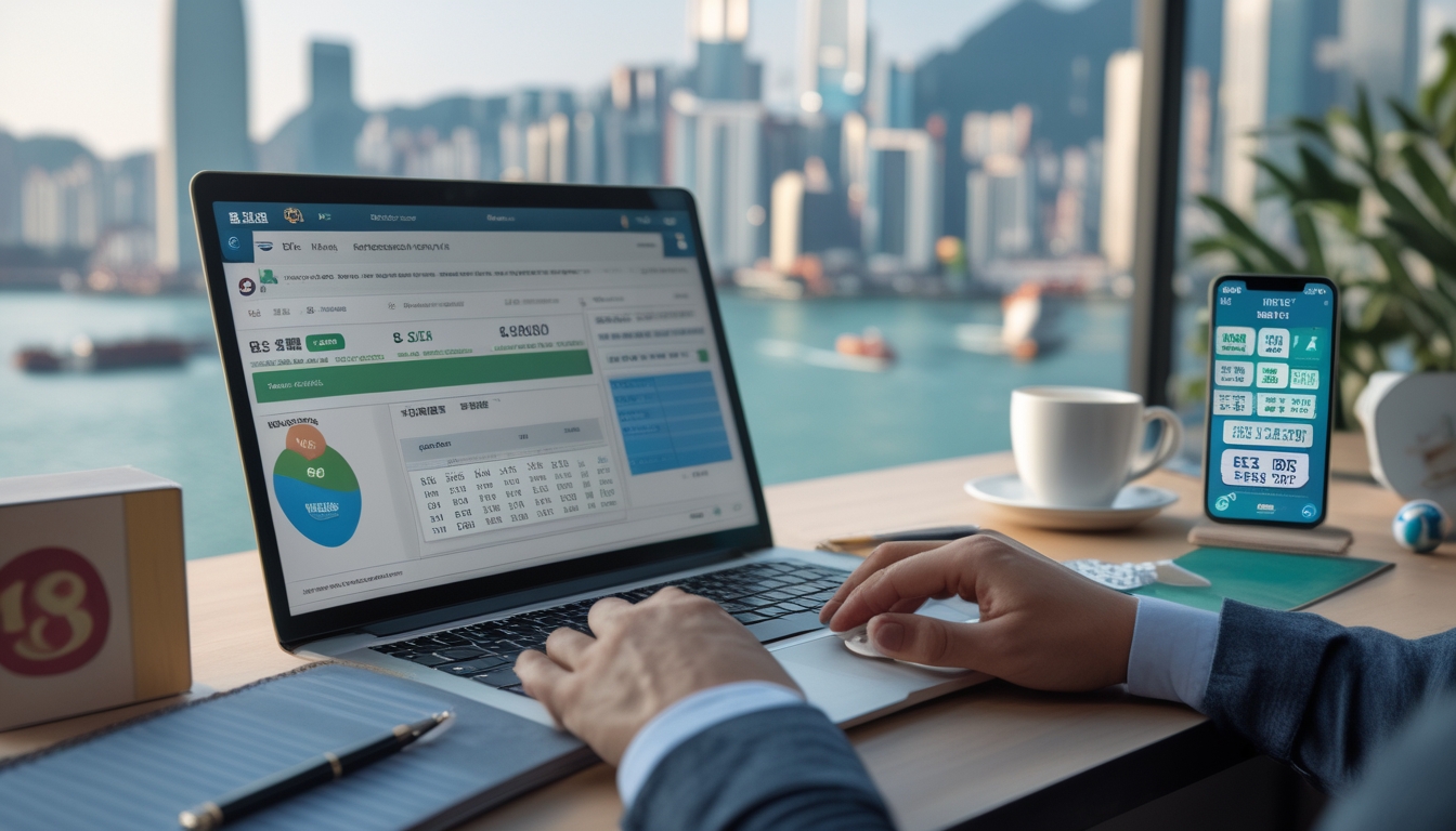 Meja kerja dengan laptop yang menampilkan situs togel online, tangan seseorang sedang menggunakan mouse, latar belakang kota Hong Kong dengan gedung pencakar langit dan pelabuhan.