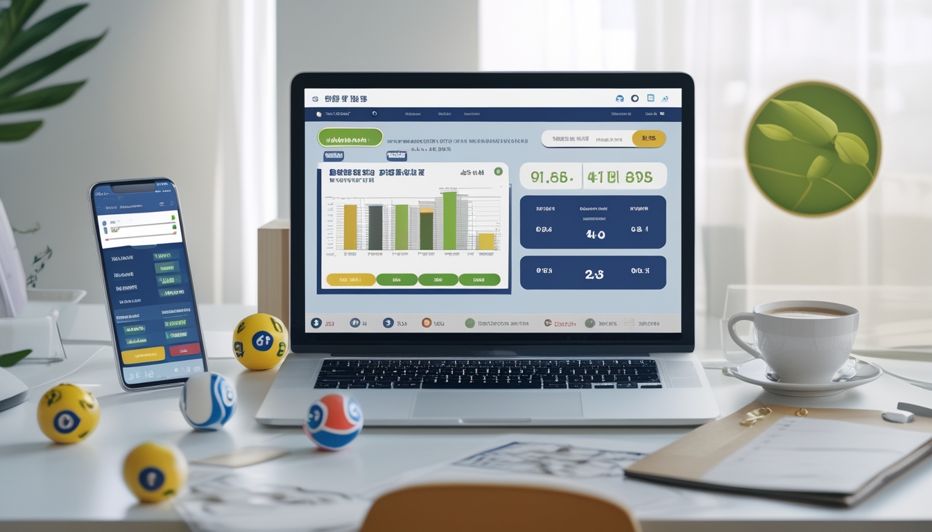 Seorang pengguna komputer dengan layar menampilkan grafik dan angka togel, dikelilingi bola togel dan ponsel di atas meja kerja.