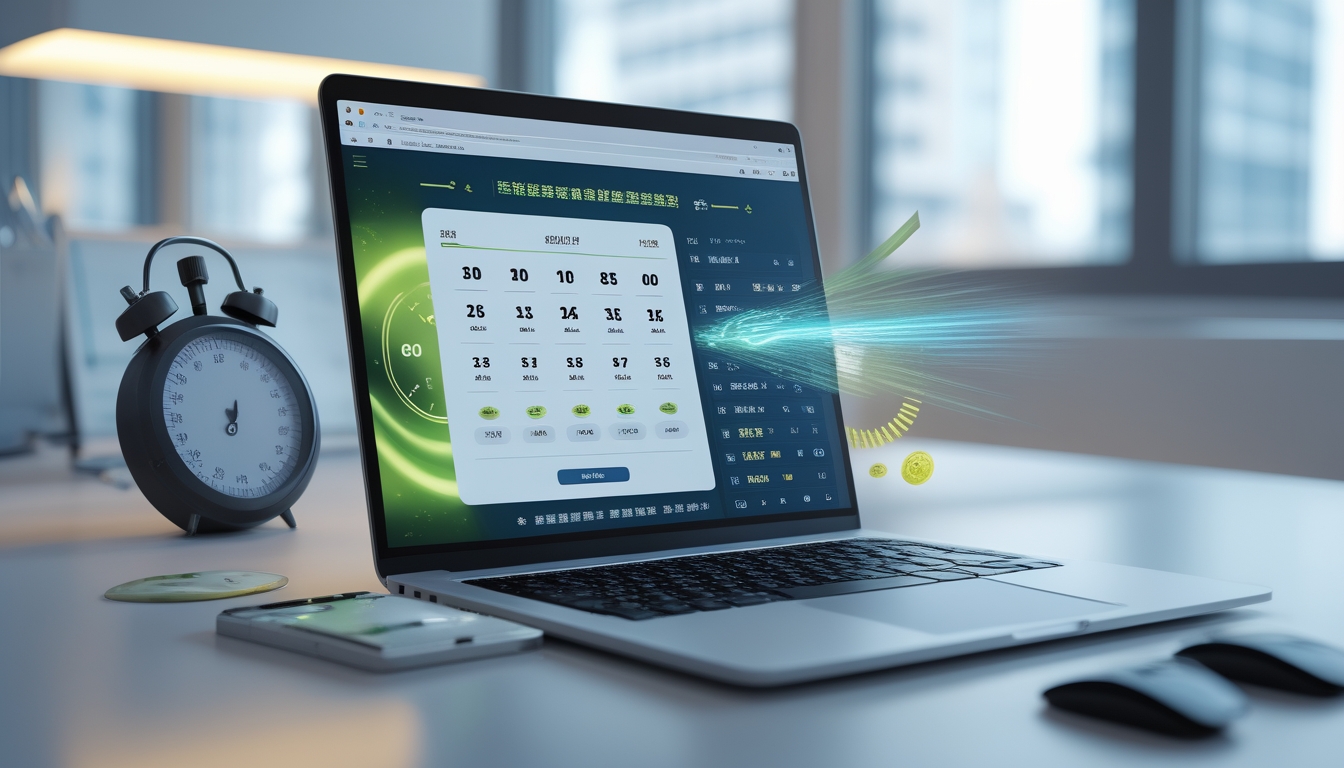 Seorang profesional menggunakan laptop di meja kerja dengan layar menampilkan antarmuka lotere digital, dikelilingi oleh elemen yang melambangkan kecepatan dan kepercayaan.