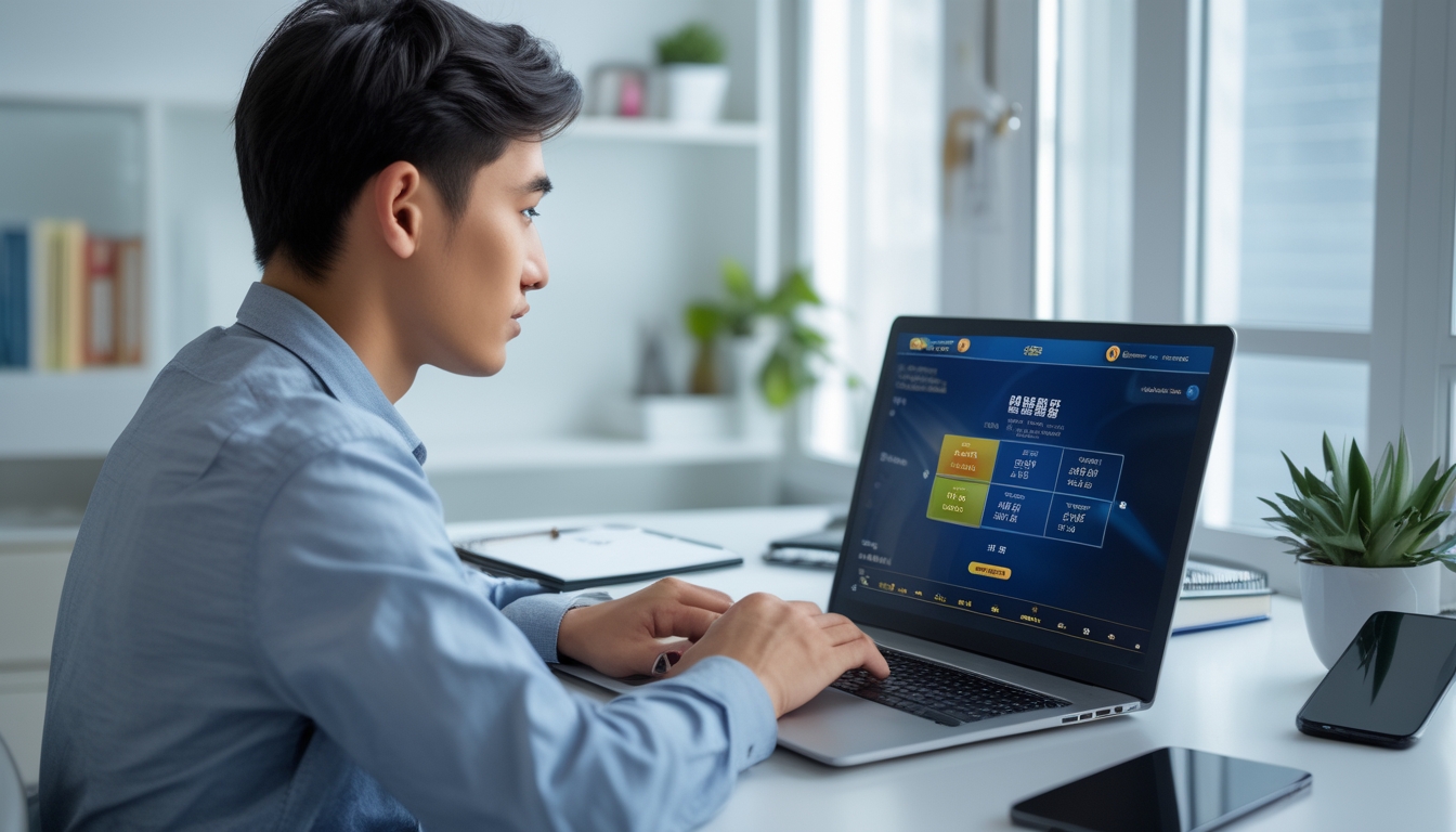 Seorang pria muda duduk di meja kerja dengan laptop terbuka, fokus pada layar yang menampilkan antarmuka lotere online, di ruangan kantor rumah yang terang dan rapi.