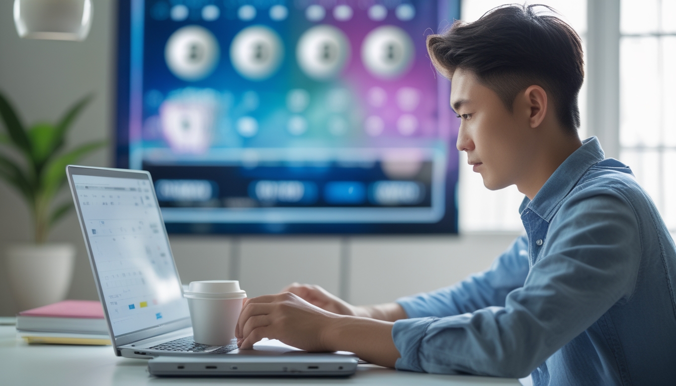 Seorang pria muda duduk di meja dengan laptop dan ponsel, terlihat fokus belajar bermain togel online Hongkong.