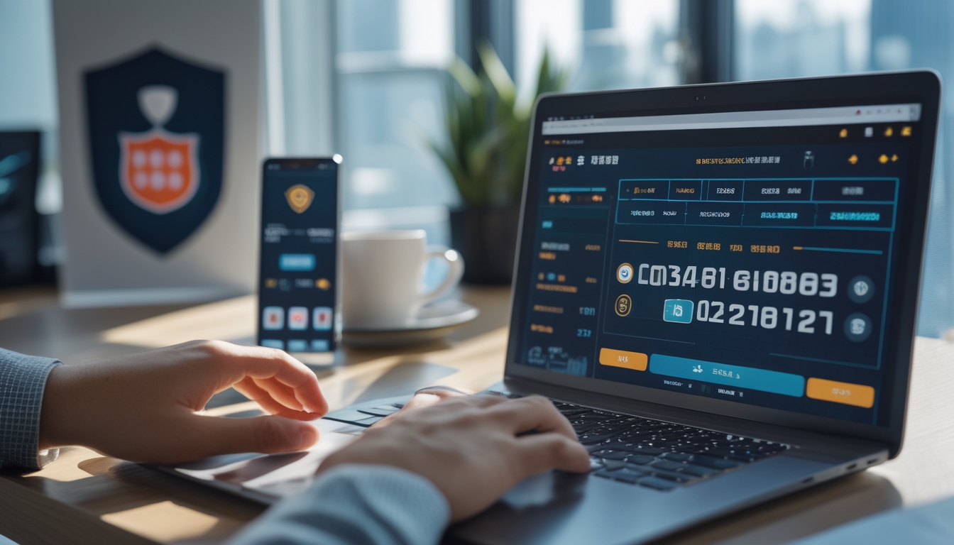 Seorang pria sedang menggunakan laptop dan ponsel di meja kerja yang rapi dengan cahaya alami, fokus pada aktivitas bermain judi togel online yang aman dan terpercaya.