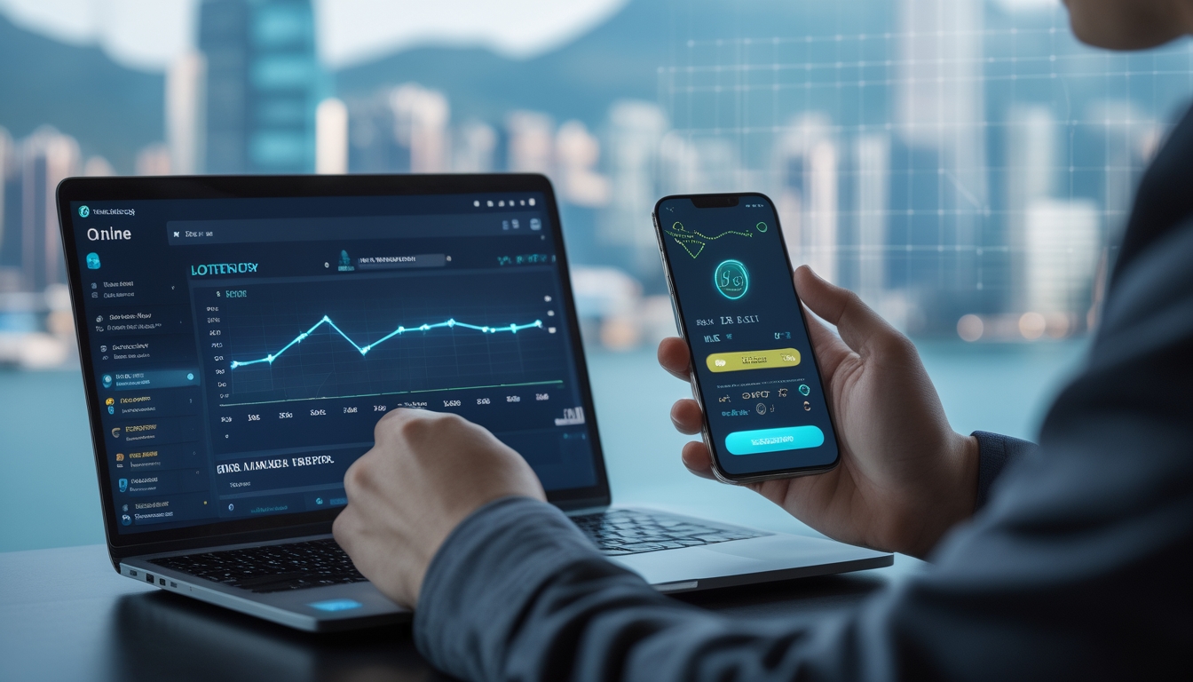 Seorang pria menggunakan laptop dan ponsel di meja kerja dengan latar belakang pemandangan kota Hong Kong, menampilkan konsep judi togel online dan peluang jackpot.