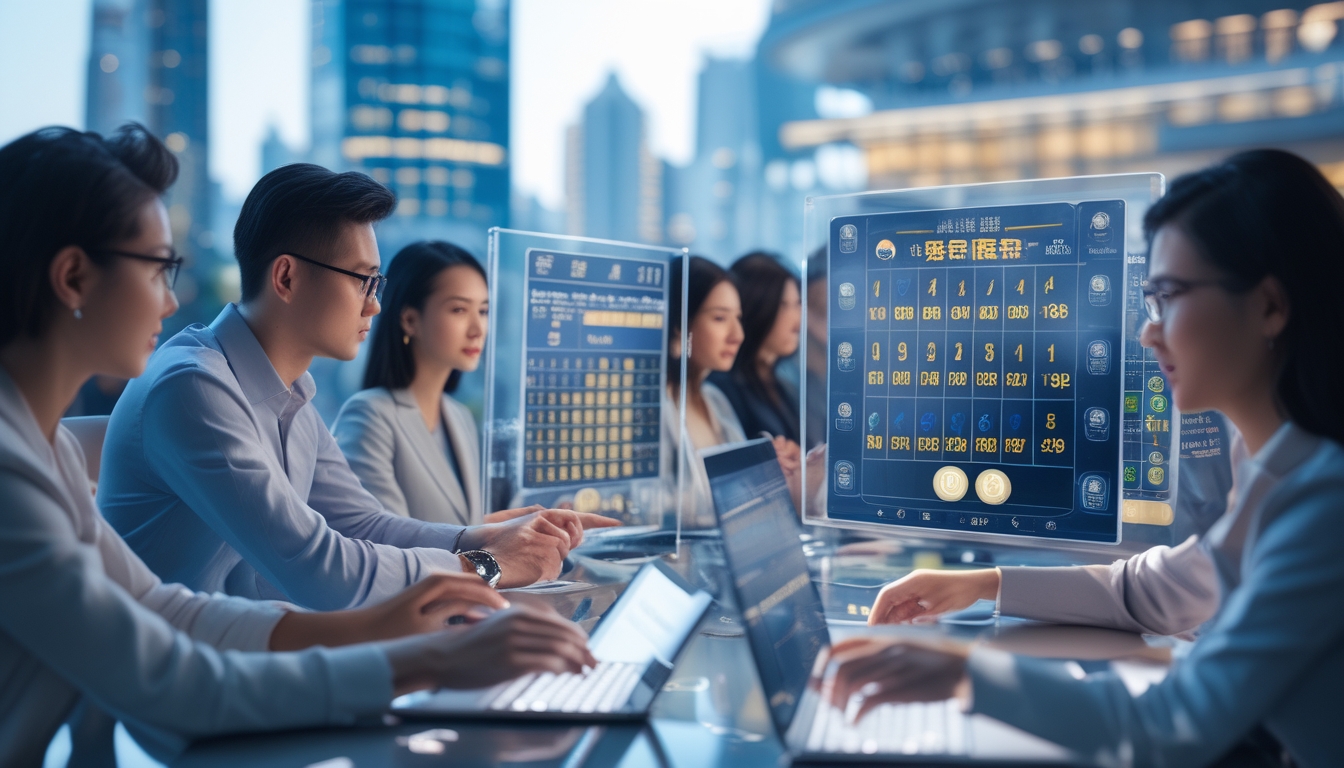 Beberapa orang dewasa sedang menggunakan layar digital transparan dengan angka dan grafik di latar belakang kota Hong Kong.