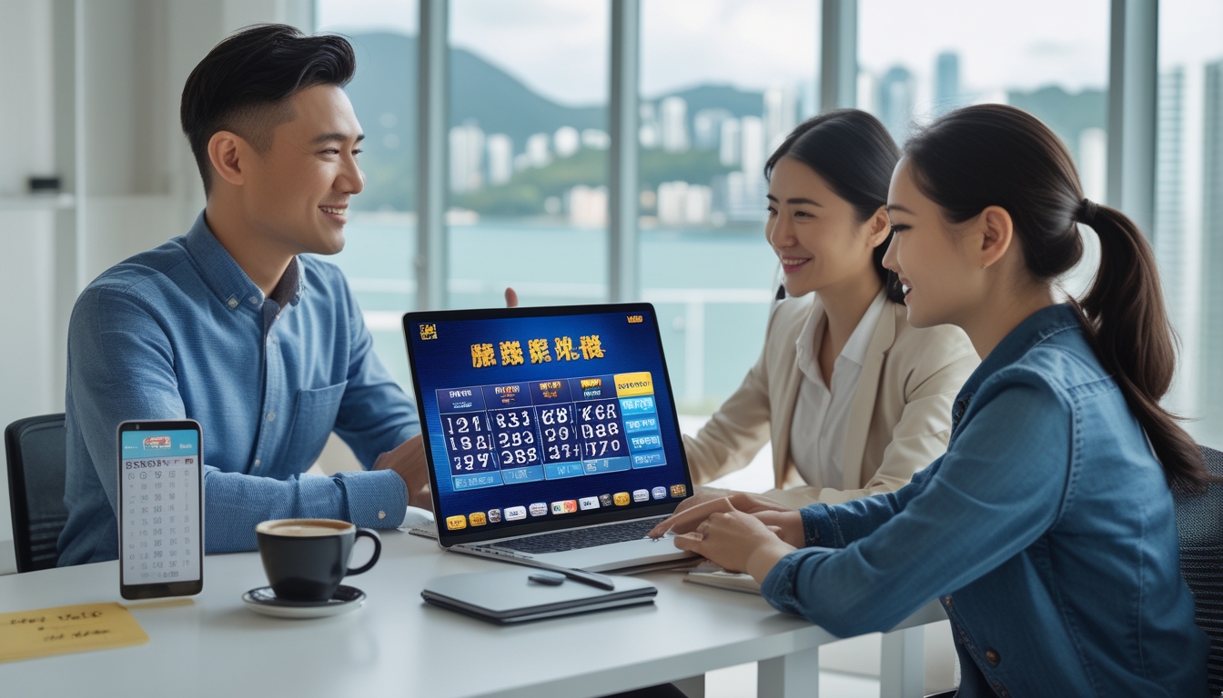 Dua orang dewasa duduk di meja kerja dengan laptop, fokus berdiskusi tentang permainan togel online dengan latar belakang pemandangan kota Hong Kong.