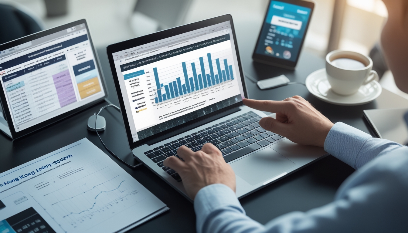 Seorang pria duduk di meja kerja dengan laptop yang menampilkan grafik dan data, sedang menganalisis sistem togel Hongkong.