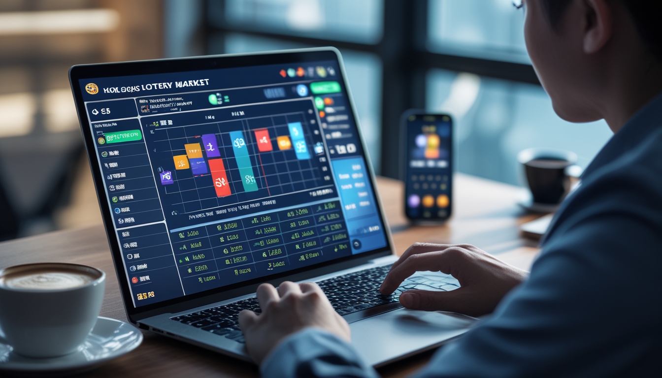 Seseorang sedang menggunakan laptop di meja kerja dengan tampilan antarmuka lotere digital dan suasana ruangan yang rapi dan terang.