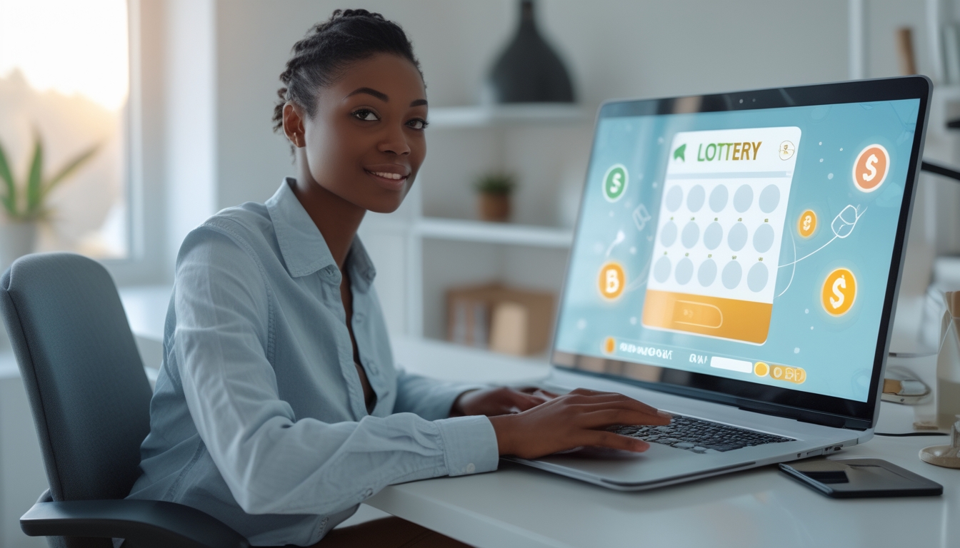 Seseorang duduk di meja dengan laptop, fokus menggunakan situs togel online di ruang kerja yang terang dan rapi.