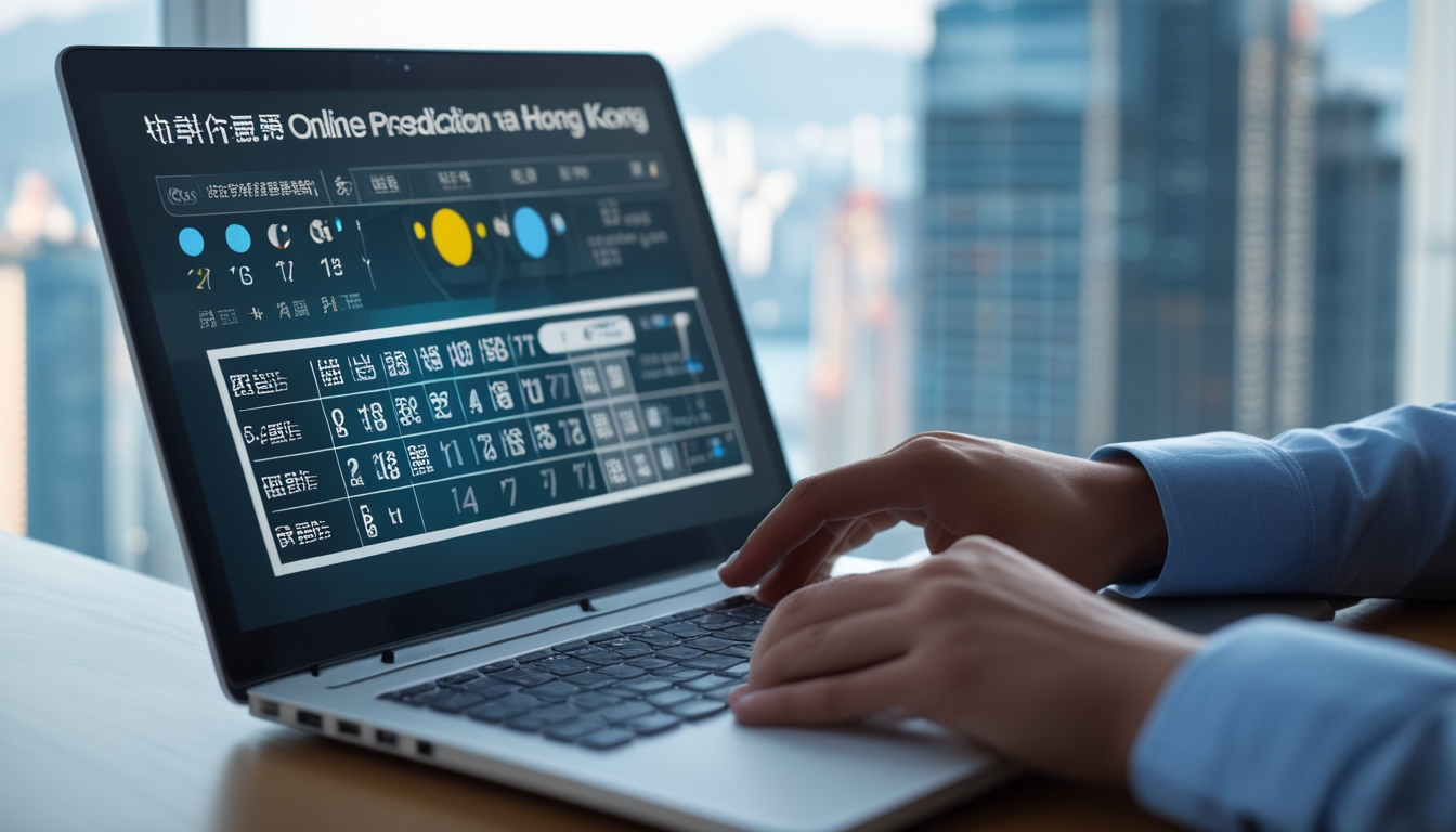 Orang sedang menggunakan laptop di meja kerja dengan tampilan grafik dan angka prediksi togel online, latar belakang menunjukkan pemandangan kota Hong Kong.