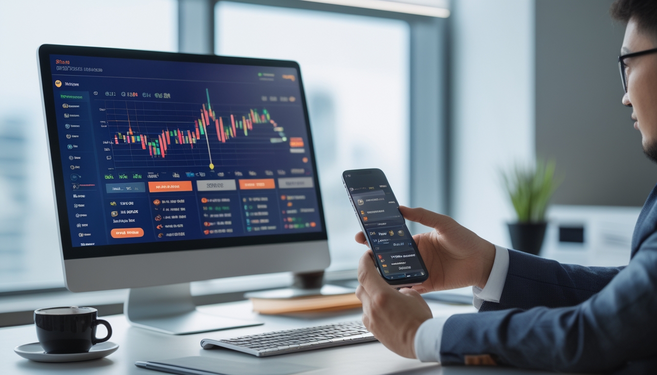 Seorang profesional menggunakan komputer dan ponsel di meja kerja modern dengan layar menampilkan grafik dan angka terkait permainan togel online.