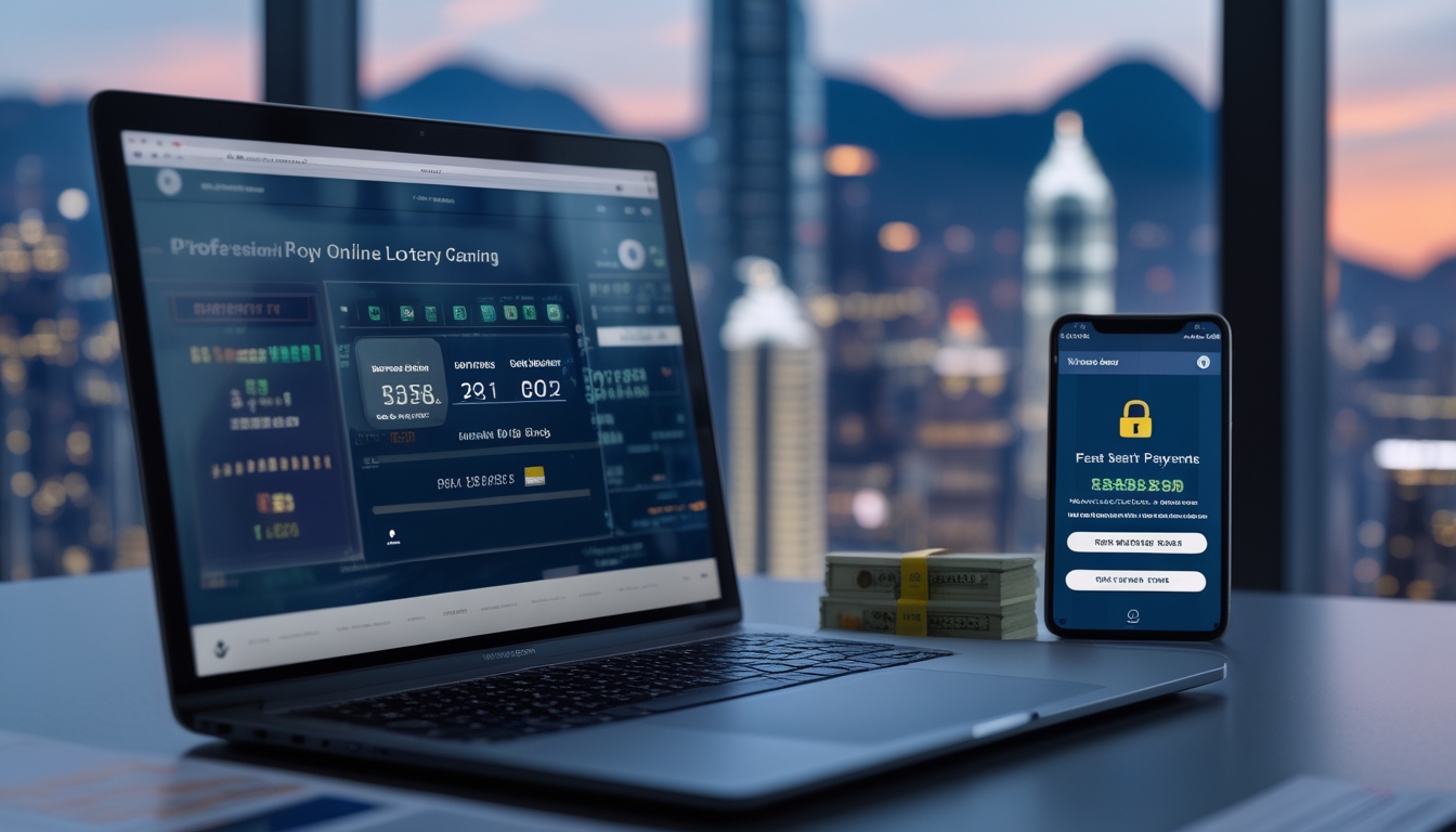 Sebuah ruang kerja modern dengan laptop dan ponsel menampilkan antarmuka permainan togel online dan notifikasi pembayaran cepat, dengan latar belakang pemandangan kota Hong Kong di senja hari.