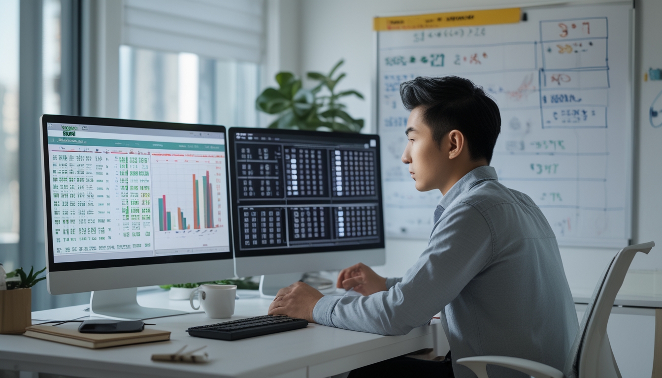 Seorang pria muda fokus duduk di meja dengan beberapa layar komputer yang menampilkan grafik dan angka, sambil menganalisis strategi dan data togel online.