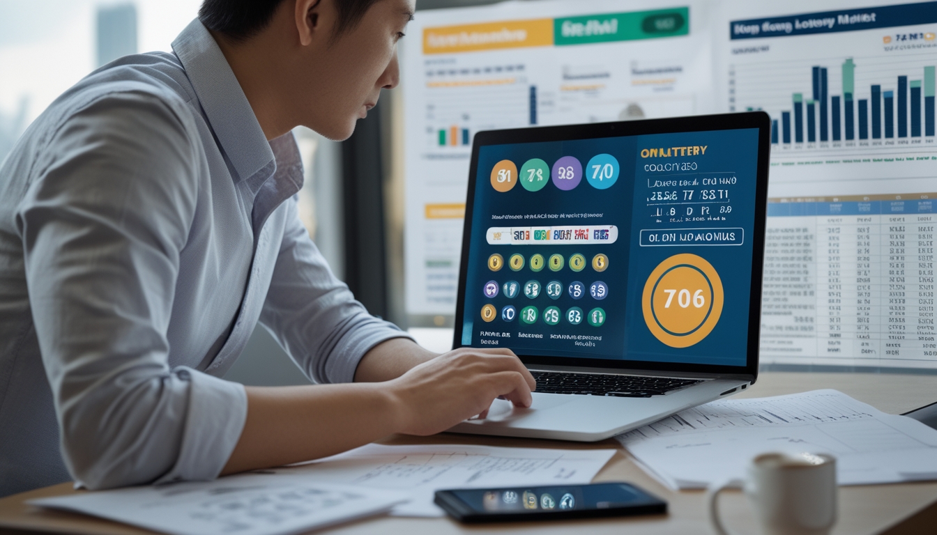 Seseorang yang sedang fokus menganalisis angka togel di depan laptop dengan grafik dan catatan di meja kerja.