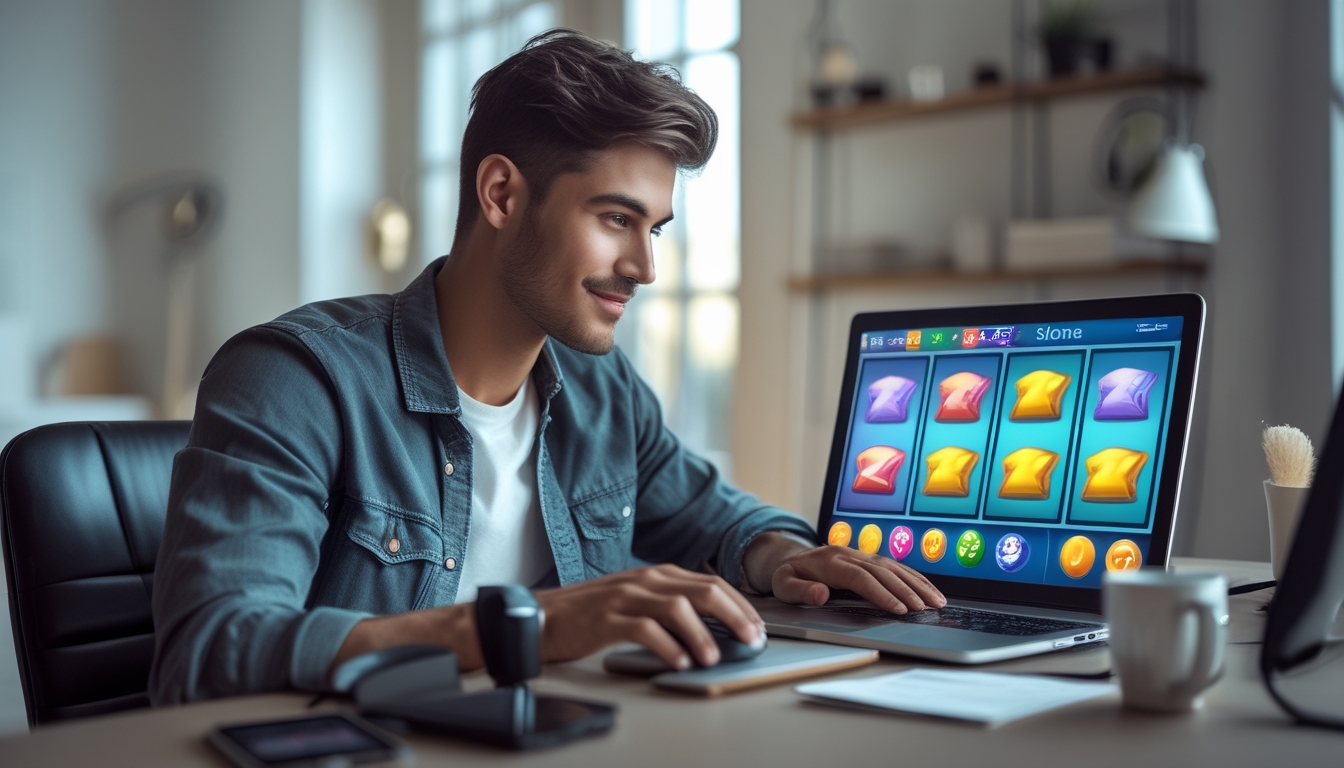 Seorang pria muda duduk di depan laptop dengan tampilan permainan slot online, terlihat fokus dan berpikir di sebuah ruang kerja yang terang.