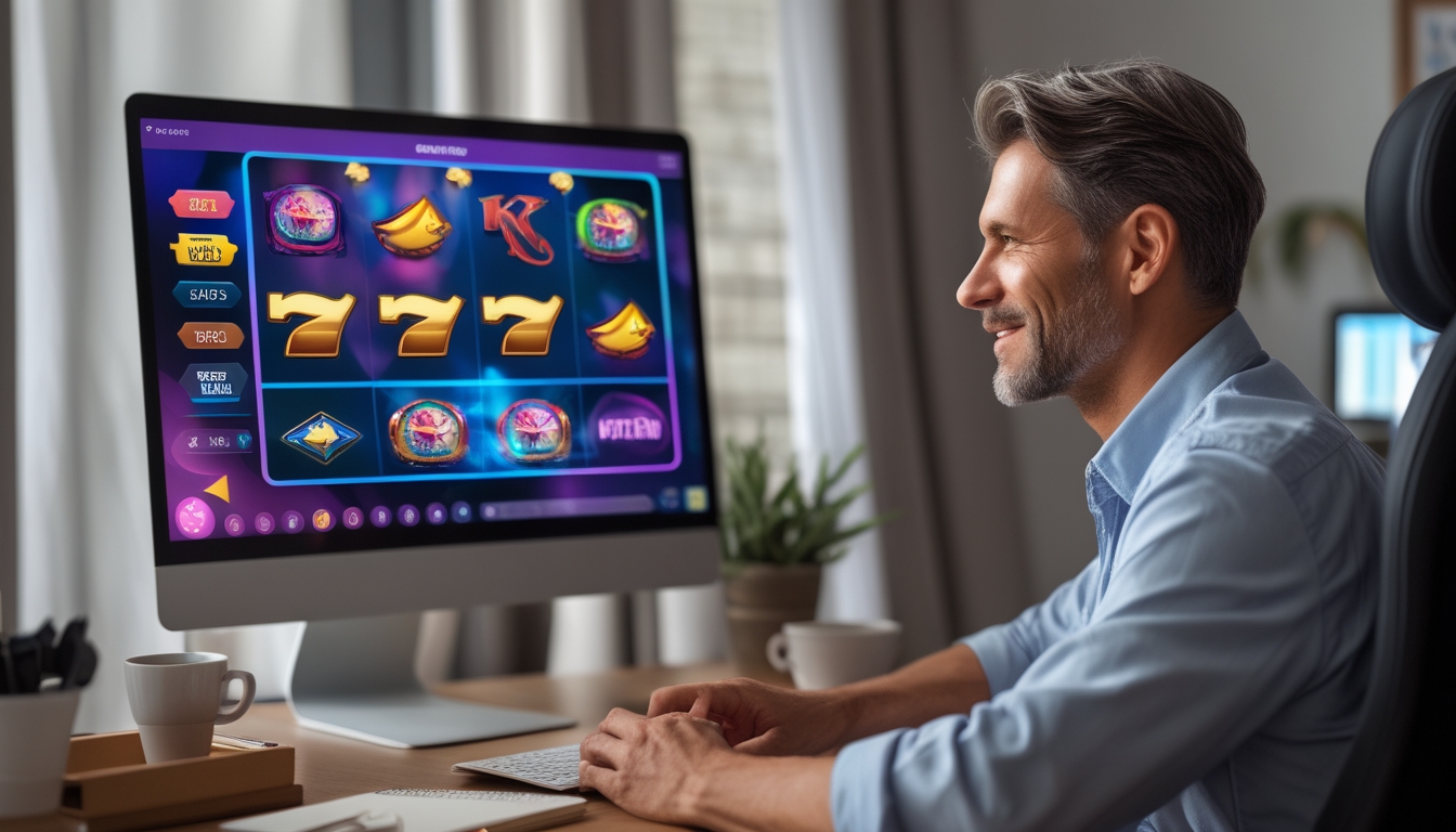Seorang pemain dewasa duduk di depan komputer yang menampilkan permainan slot online dengan latar ruangan rumah atau kantor.