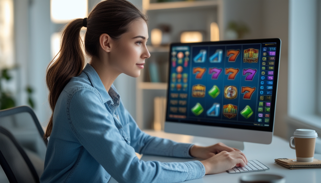 Seorang wanita muda duduk di meja dengan laptop yang menampilkan permainan slot online, terlihat fokus dan serius.