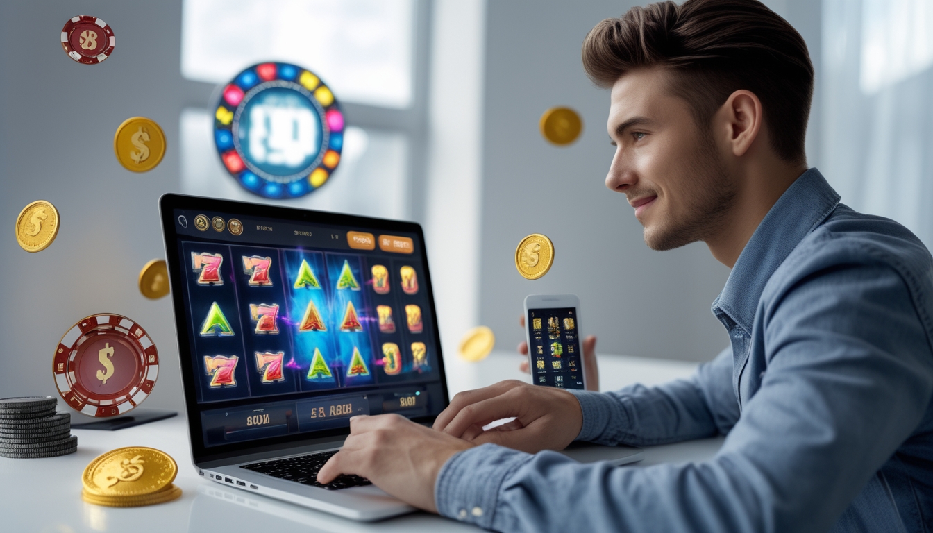 Seorang pria muda duduk di depan laptop memainkan permainan slot online dengan layar penuh warna dan ikon jackpot di sekitarnya.