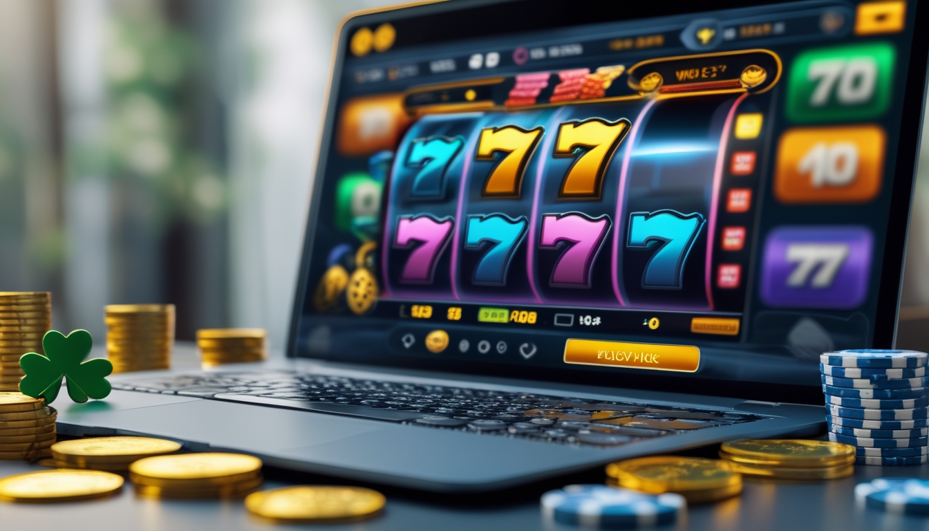 Seseorang bermain mesin slot online di komputer dengan koin emas dan chip poker di sekitarnya.