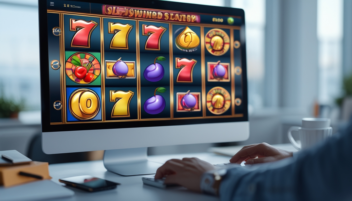 Seseorang sedang menggunakan komputer dengan tampilan mesin slot online berwarna-warni di layar, di meja kerja yang rapi dengan alat tulis dan secangkir kopi.