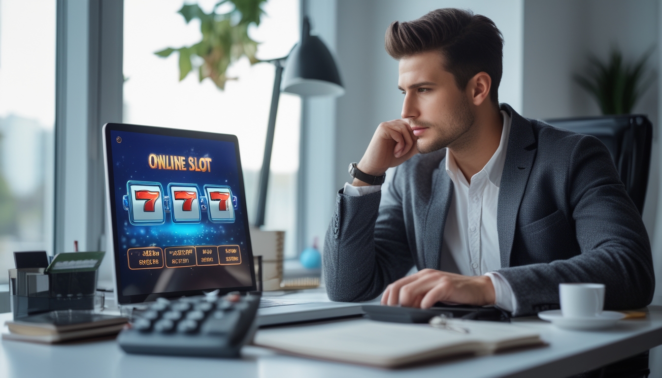 Seorang pria muda duduk di meja kerja dengan laptop, terlihat fokus mengelola modal untuk permainan slot online.