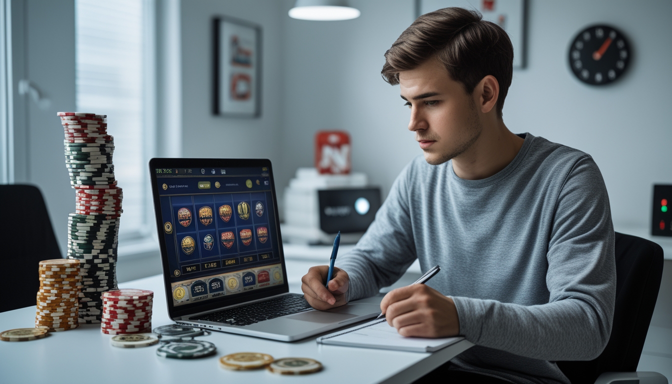 Seorang dewasa muda duduk di meja dengan laptop yang menampilkan permainan slot, dikelilingi tumpukan chip poker dan uang, sambil mencatat dengan serius di notepad.