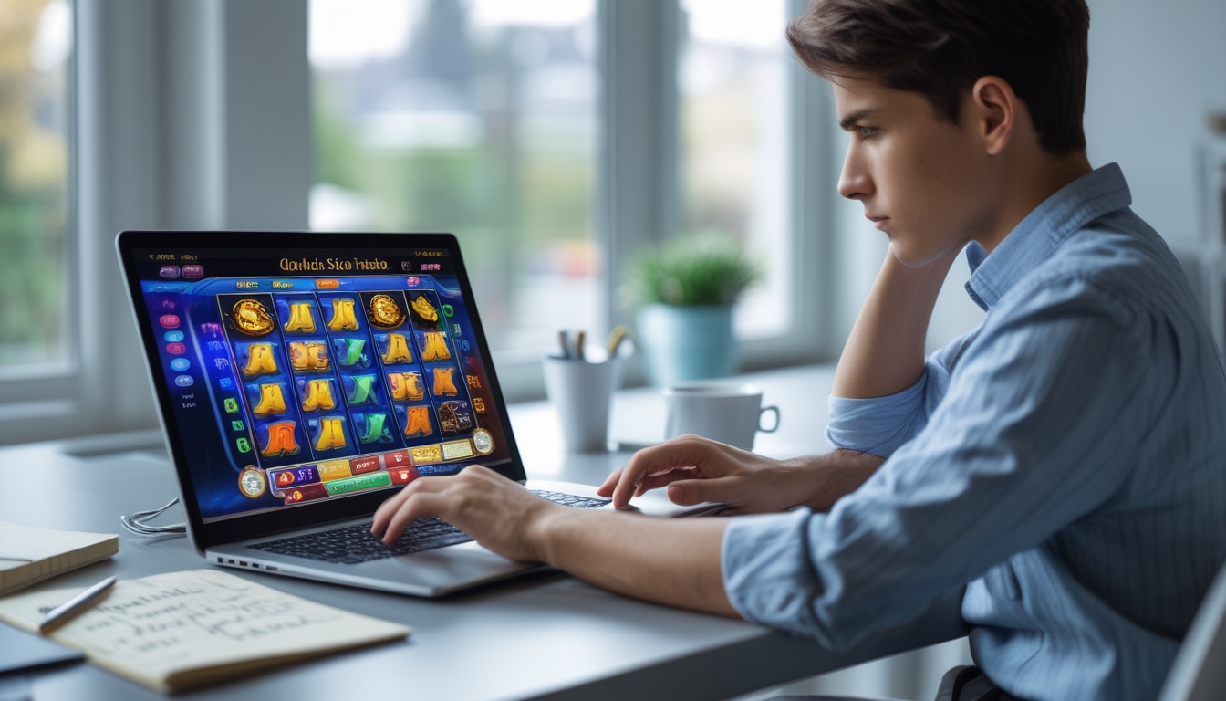 Seorang dewasa muda duduk di meja dengan laptop terbuka menampilkan permainan slot online, terlihat fokus dan serius di ruang kerja yang terang dan rapi.