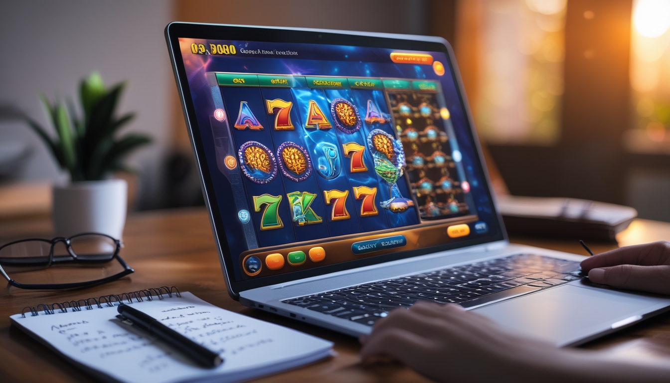 Seorang pengguna sedang bermain slot online di komputer dengan catatan dan alat tulis di meja.