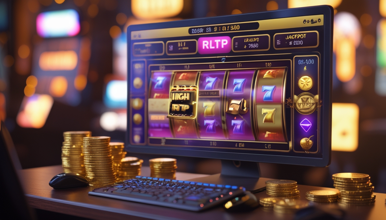 Seorang pemain sedang menggunakan komputer dengan permainan slot online di layar, dikelilingi oleh koin emas dan chip kasino yang bersinar.