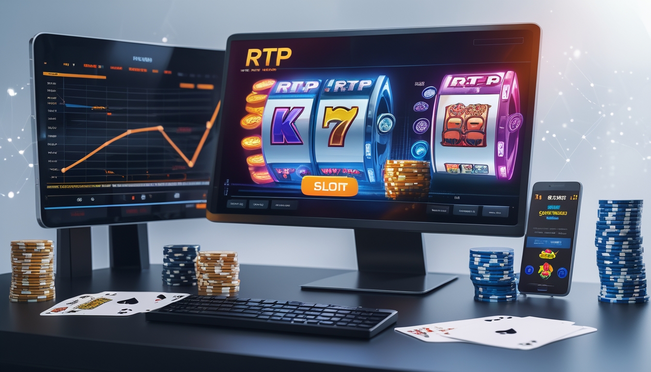 Meja kerja modern dengan komputer menampilkan grafik slot online dan statistik RTP, dilengkapi dengan tumpukan chip poker dan ponsel yang menunjukkan kemenangan.