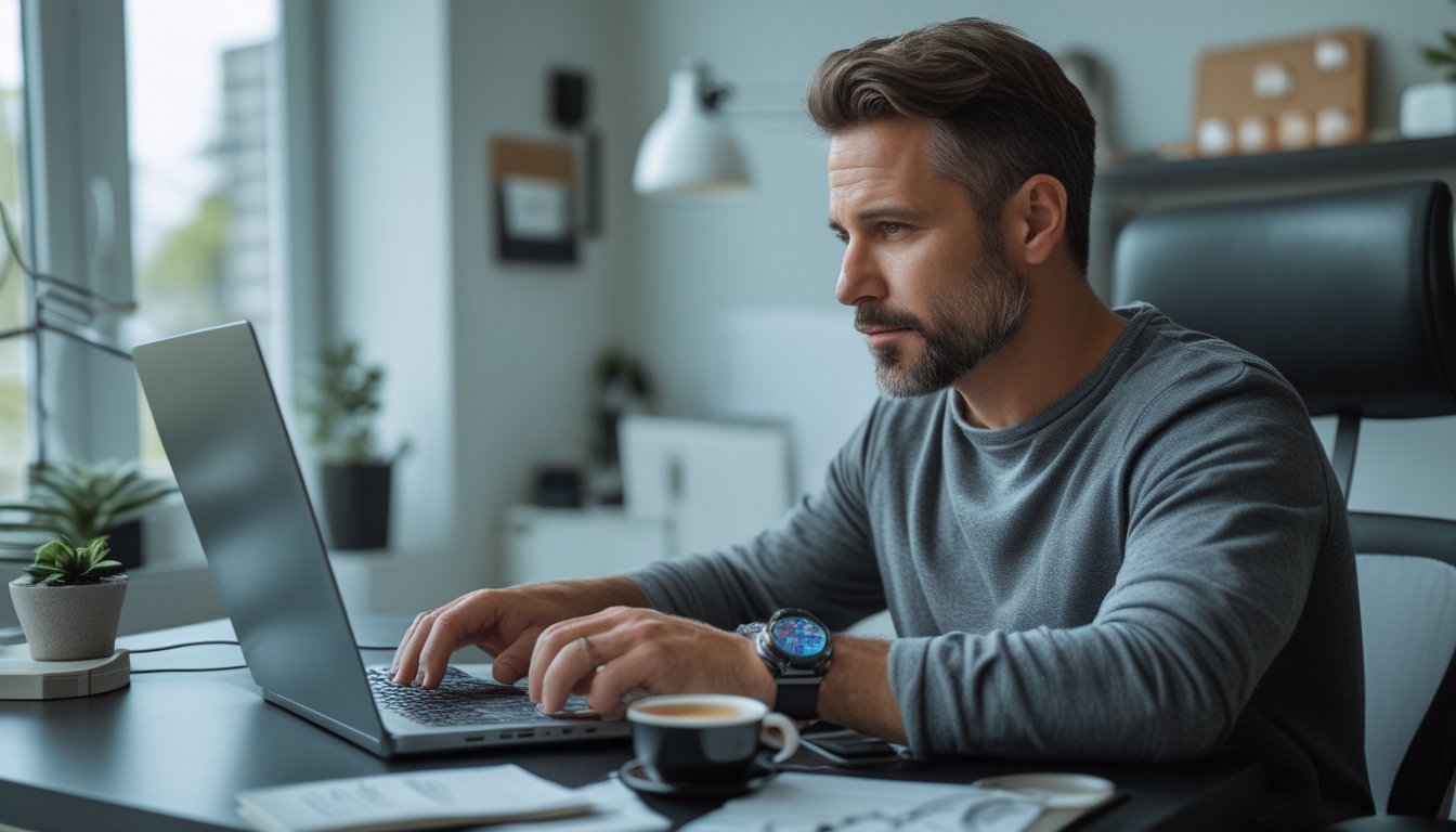 Seorang pria dewasa duduk di depan laptop dengan ekspresi fokus, bermain permainan slot online di ruang kerja yang rapi dan terang.