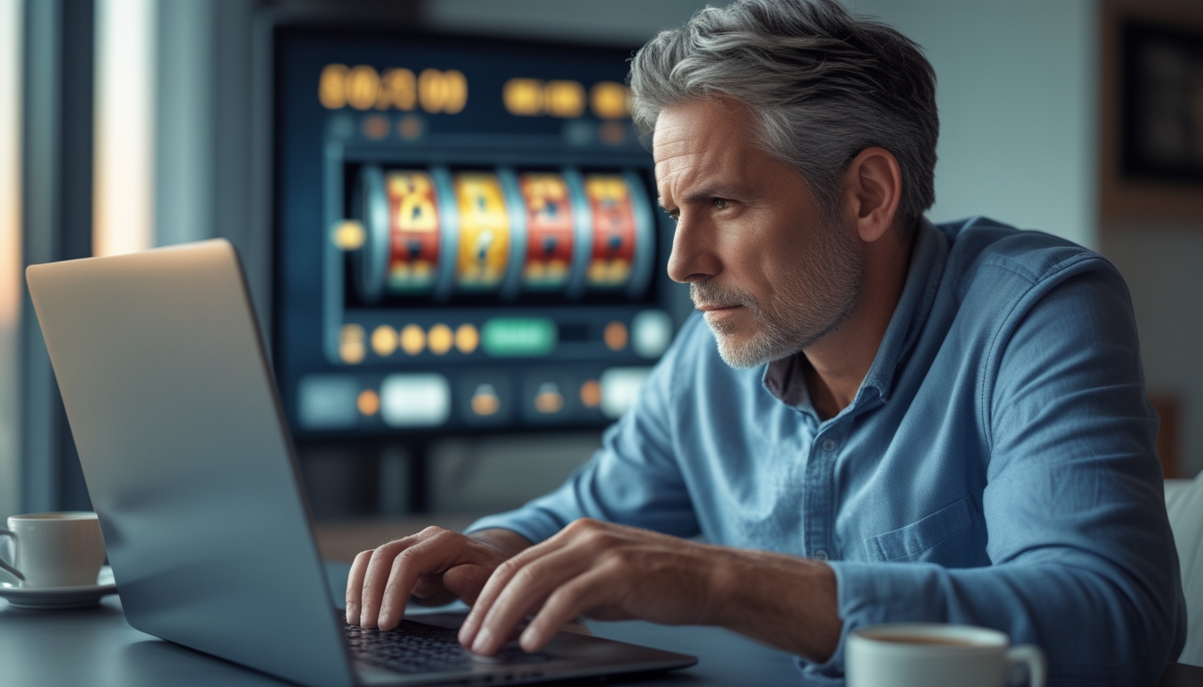 Seorang pria dewasa sedang fokus bermain permainan slot online di laptop dalam ruangan modern dengan jam digital dan secangkir kopi di dekatnya.