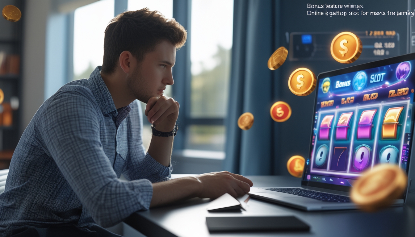 Seorang pria muda duduk di depan laptop dengan tampilan permainan slot online dan fitur bonus di layar, terlihat fokus dan serius.