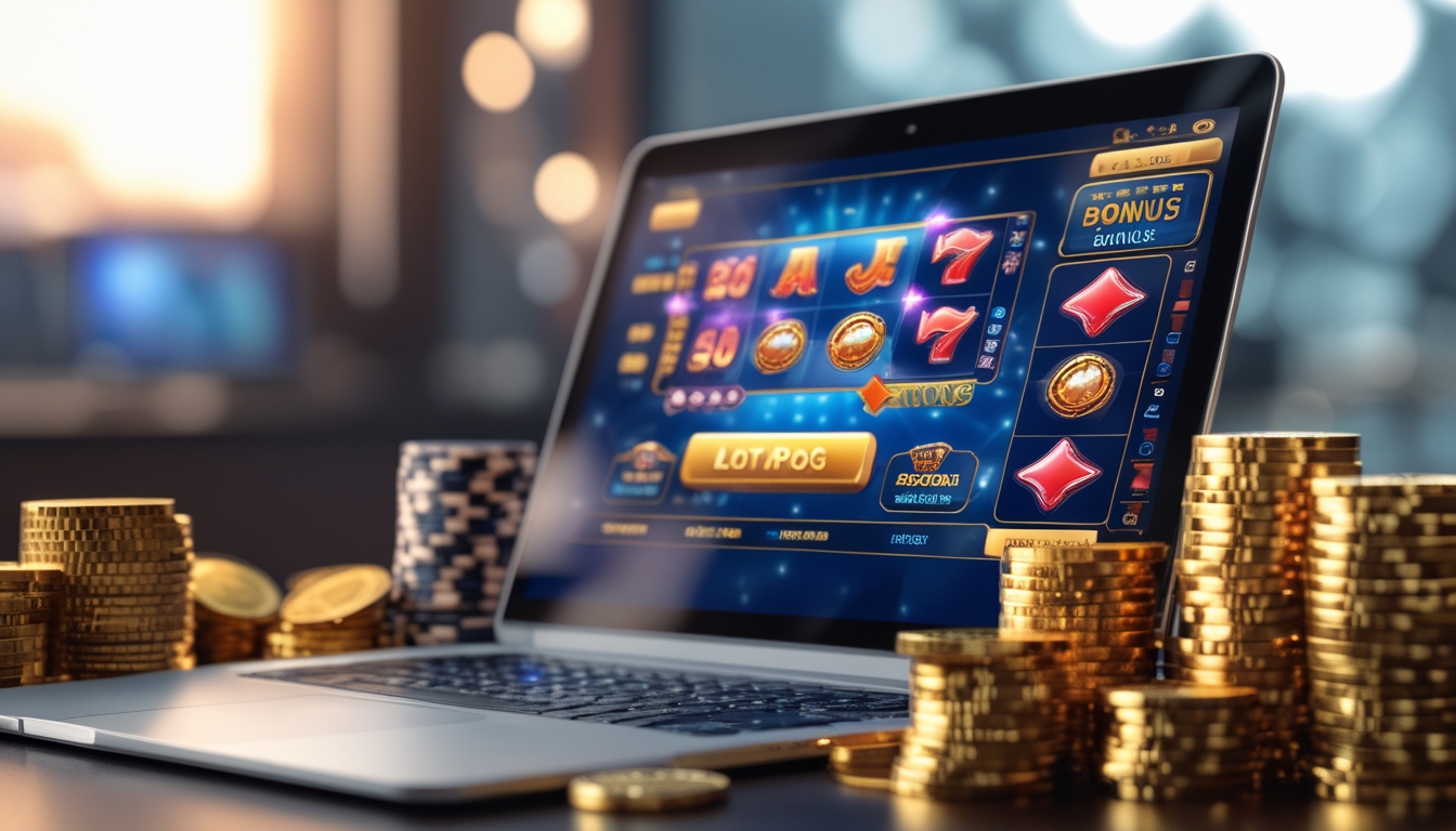 Seorang pemain menggunakan komputer dengan tampilan permainan slot online yang menampilkan fitur bonus, dikelilingi oleh chip kasino dan koin emas.
