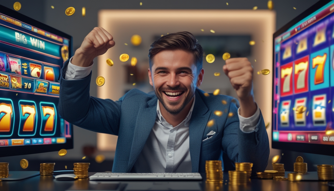 Seorang pria tersenyum dan mengangkat tinju merayakan kemenangan besar saat bermain mesin slot online di depan komputer di ruang kerja rumah.
