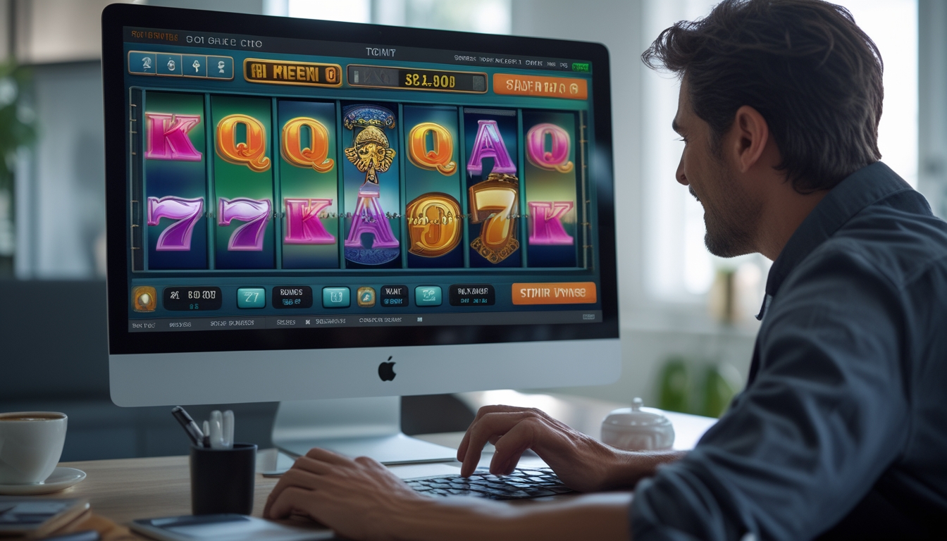 Seorang pemain dewasa duduk di depan komputer dengan layar mesin slot online yang berwarna-warni, menunjukkan suasana fokus dan antusias dalam bermain game slot.