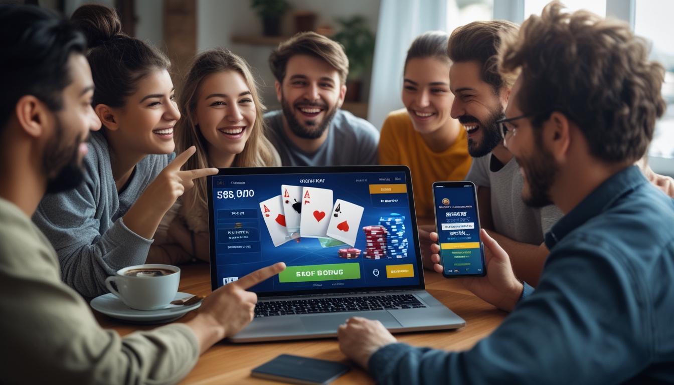 Sekelompok teman sedang berkumpul di sekitar laptop, melihat permainan poker online dan berdiskusi tentang keuntungan bonus referral.