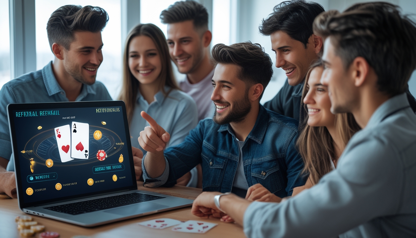 Sekelompok orang muda sedang berkumpul di sekitar laptop yang menampilkan permainan poker online dengan ekspresi antusias dan ramah.