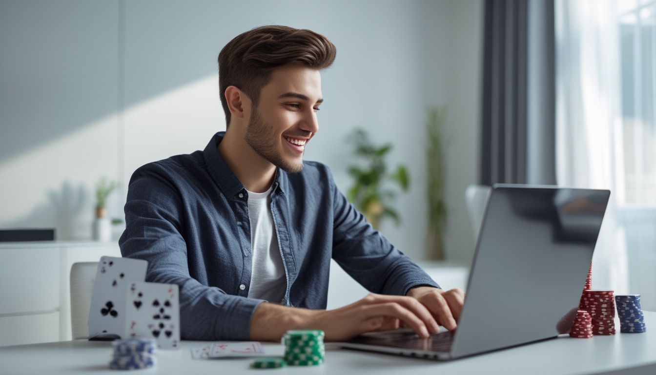 Orang muda duduk di meja dengan laptop bermain poker online, dikelilingi chip poker dan kartu remi, terlihat senang dan antusias.