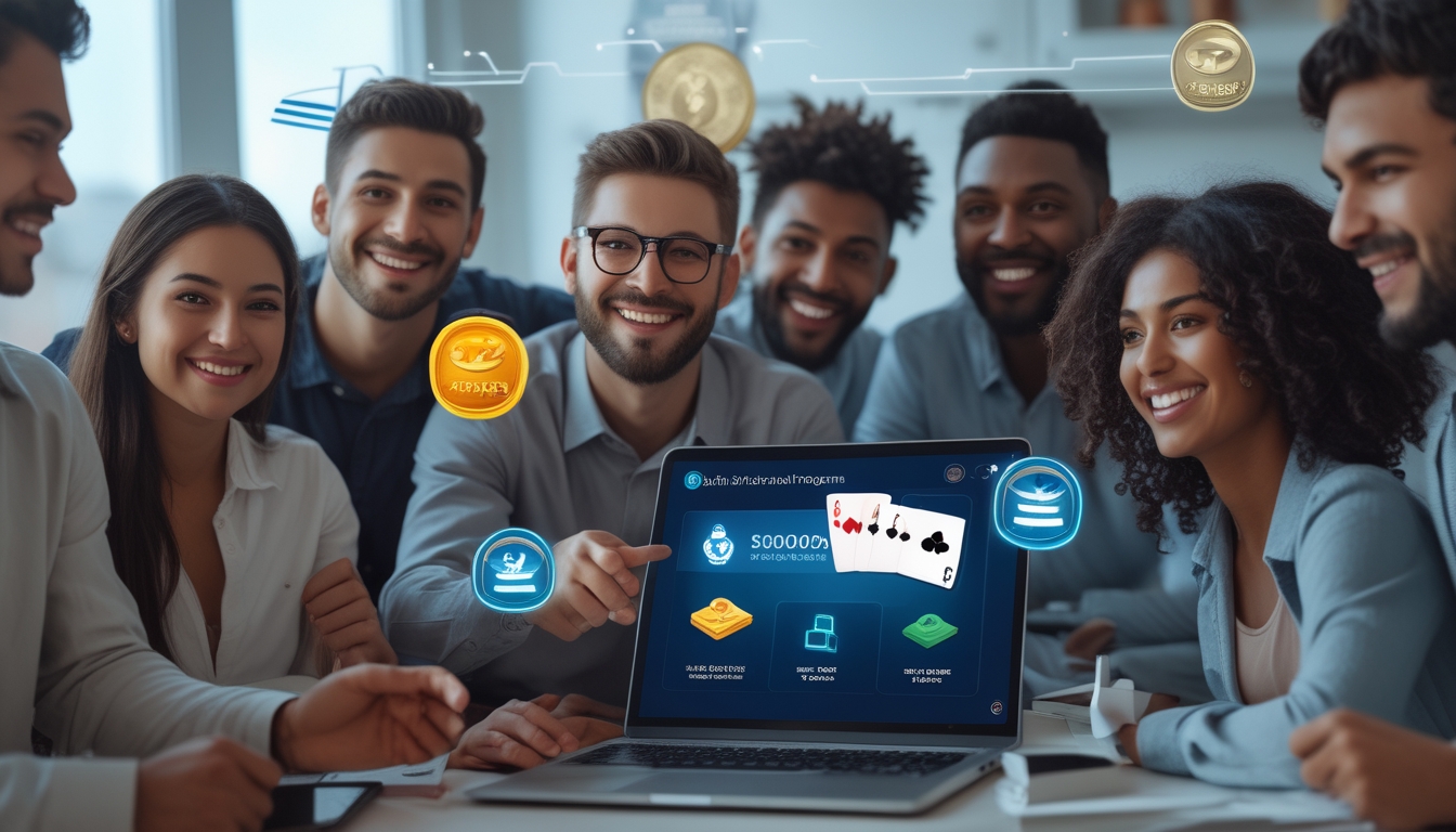 Sekelompok orang muda yang senang berkumpul di sekitar laptop yang menampilkan permainan poker online dengan simbol hadiah dan bonus di latar belakang modern.