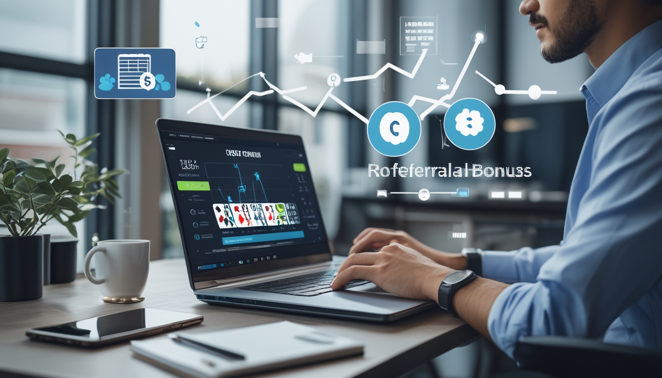 Seseorang menggunakan laptop di meja kerja dengan tampilan permainan poker online di layar, dikelilingi oleh grafik dan ikon bonus referral yang menunjukkan peningkatan penghasilan.