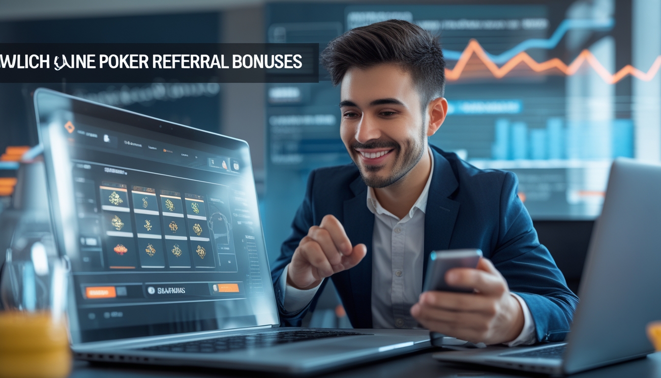 Seseorang sedang menggunakan laptop dan ponsel untuk bermain poker online dan melihat bonus referral di meja kerja modern.