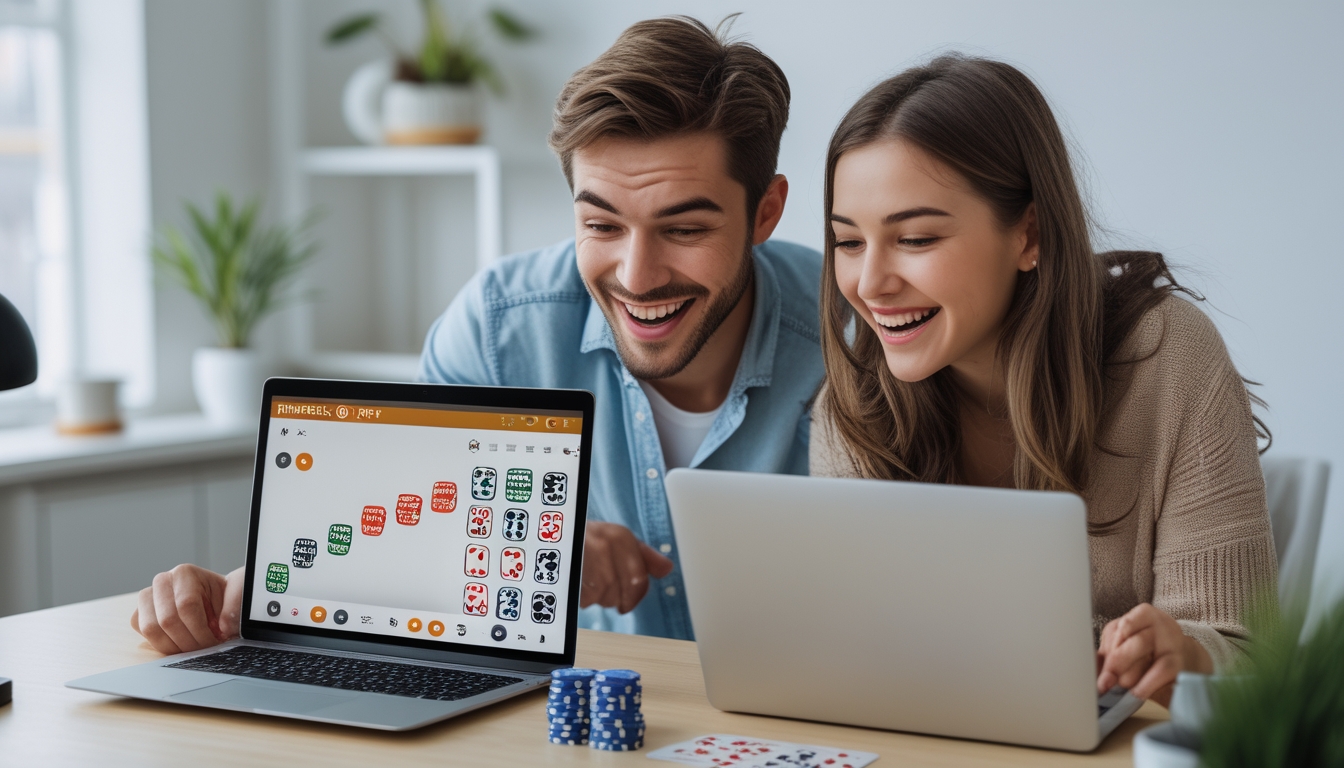 Dua orang muda sedang duduk bersama di meja kerja dengan laptop yang menampilkan permainan poker, di sekitar meja terdapat chip poker dan kartu remi.