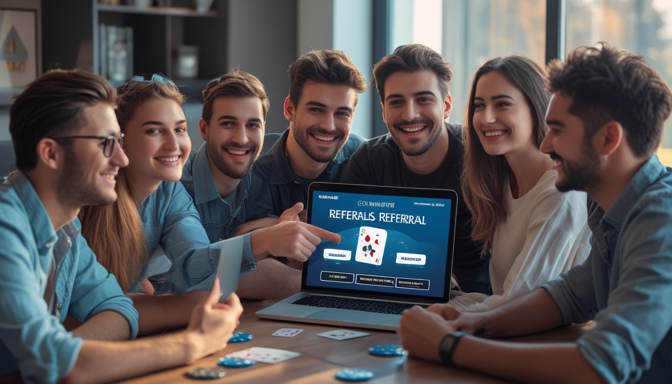 Sekelompok orang muda sedang berkumpul di sekitar laptop yang menampilkan permainan poker online, menunjukkan suasana kerja sama dan kegembiraan.