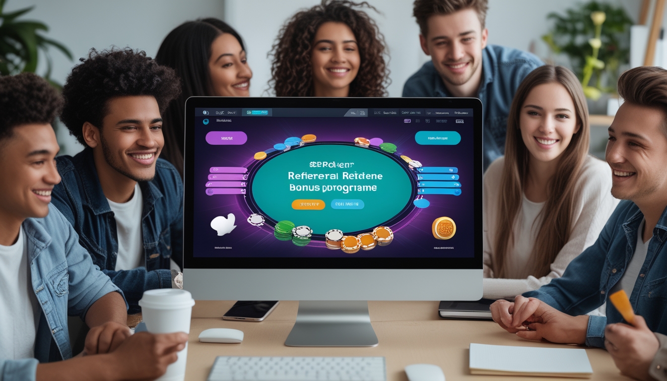 Beberapa orang muda sedang bermain poker online di depan komputer di ruang kerja yang rapi dan terang.