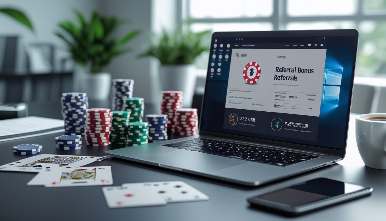 Seorang profesional bekerja di meja dengan laptop yang menampilkan situs poker online, dikelilingi oleh chip poker dan kartu bermain.