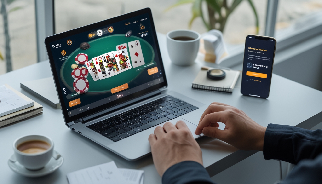 Seseorang menggunakan laptop dan smartphone di meja kerja modern dengan tampilan permainan poker online dan notifikasi bonus referral.