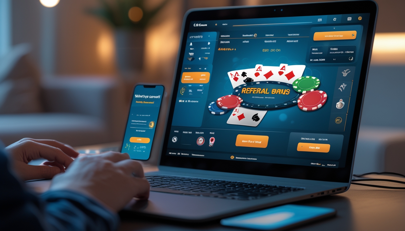 Seseorang bermain poker online di laptop dengan chip poker dan ponsel di meja, menunjukkan suasana bermain dan mengajak teman melalui bonus referral.