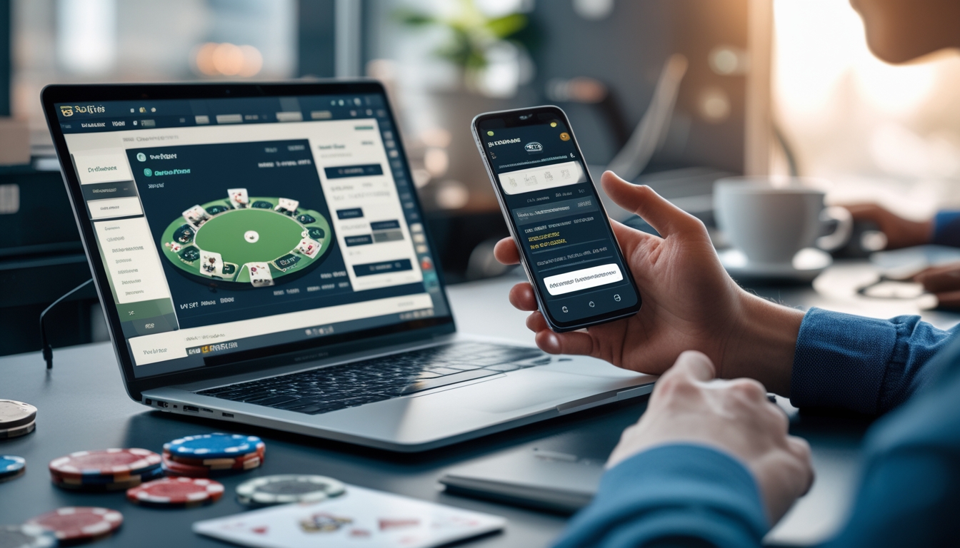 Meja kerja dengan laptop yang menampilkan permainan poker online dan aplikasi referral, tangan memegang ponsel dengan notifikasi bonus, serta chip dan kartu poker di atas meja.